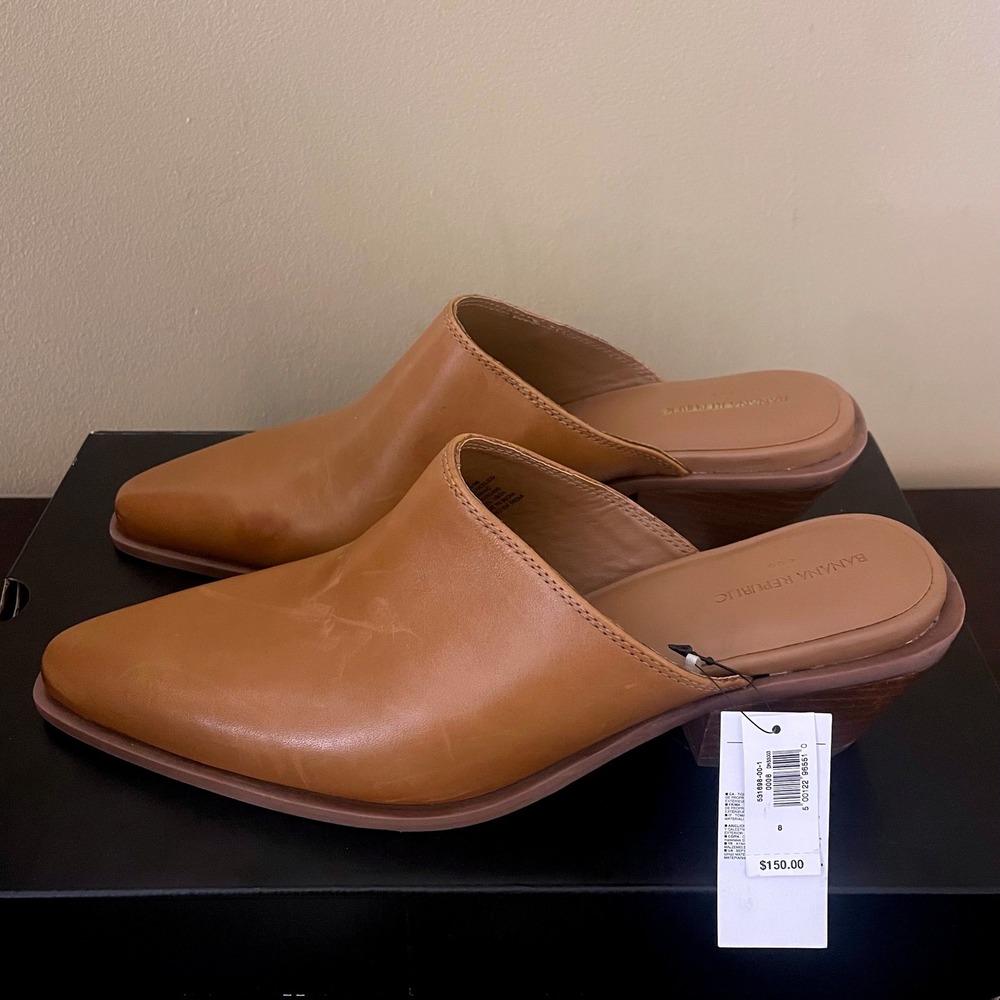 Banana Republic Womens Cognac Leather Pointed Toe Block Heel Mules Size 8